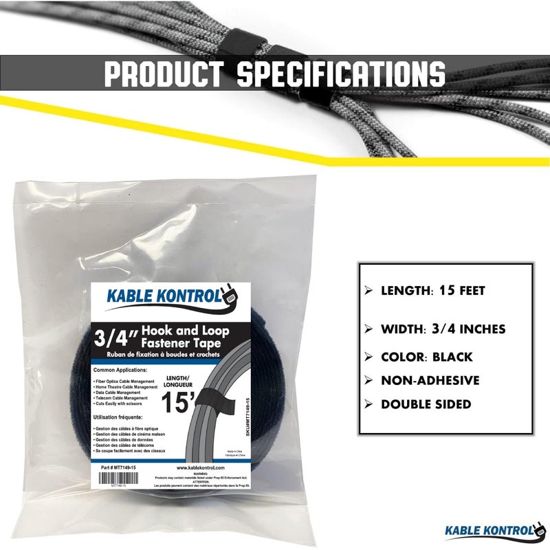 Kable Kontrol Hook and Loop Tape Roll â€“ 3/4â€ Wide x 15â€™ Ft Long â€“ Double Sided Heavy Duty Non-Adhesive Non-Sticky Nylon Reusable Fastener Strip Adjustable Strap Wire Organizer Cable Wrap â€“ Black - Image 2